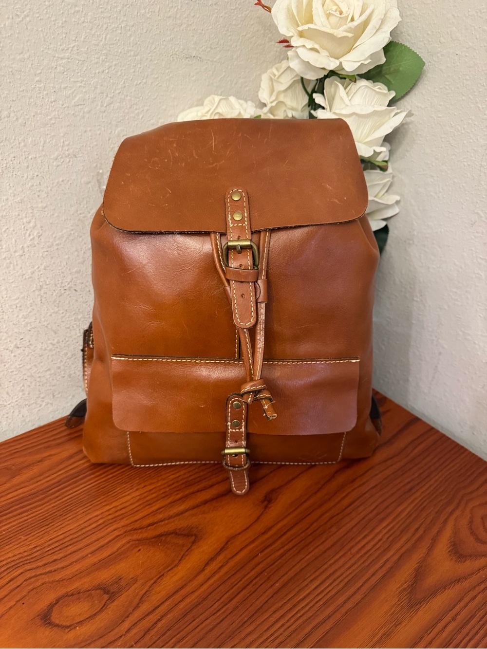 Patricia Nash Tan Leather unisex Backpack with Buckle Detail